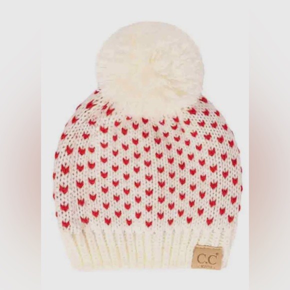 Kids Heart Knit Beanie with Pom - Picture 1 of 4